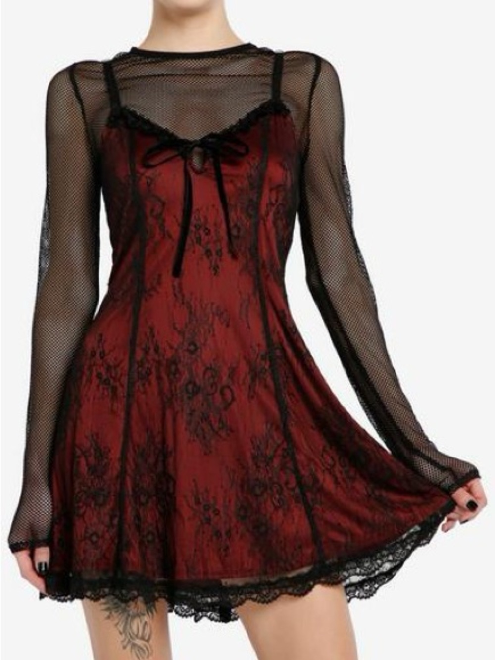Social Collision Black & Red Lace Twofer Long-Sleeve Dress
